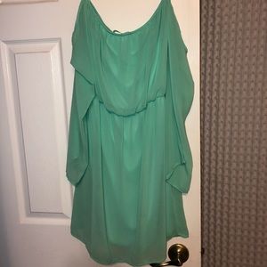 Off the shoulder flowy mint green dress!